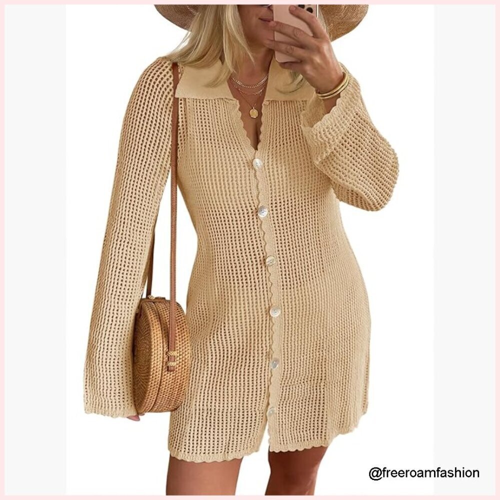 Crochet Long Sleeve Coverup Dress, Button Front, Beach Vacation Outfit